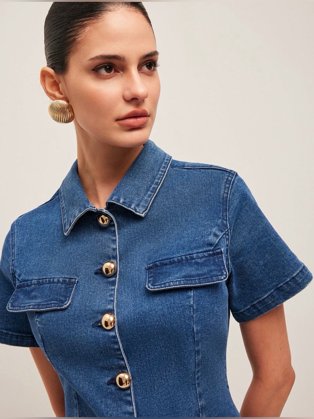 Commense Classic Dark Blue Denim Button-Front Dress - Picture 3 of 6